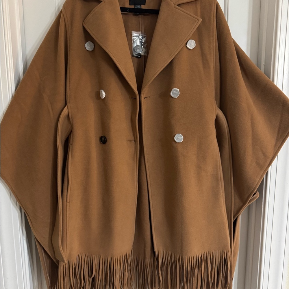 Express Tan Double-Breasted Cape with Fringe